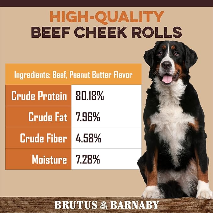 Premium Beef Cheek Rolls for Dogs 10-12" - (3-Pack), Peanut Butter Flavored Long Lasting, Safe & Natural Rawhide Alternative Chews, Ideal for Large Dogs & Aggressive Chewers, Supports Dental Health