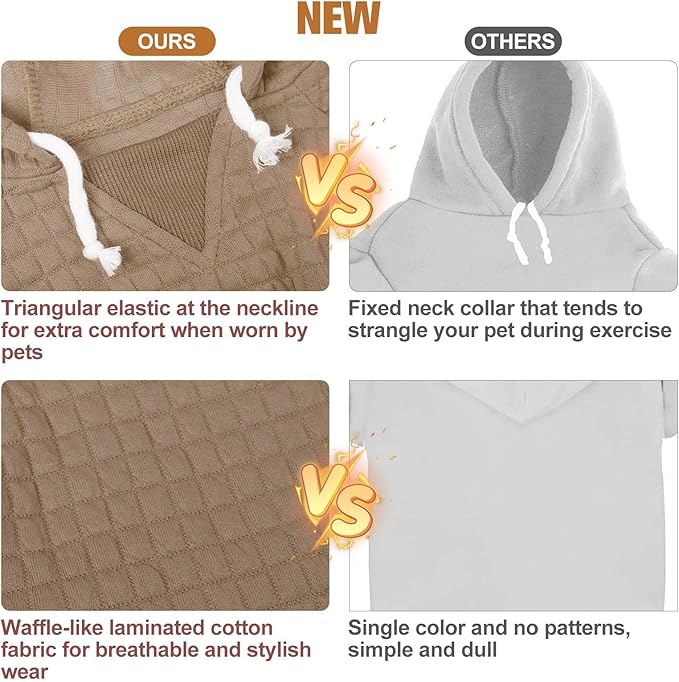 BEAUTYZOO Small Dog Hoodie Sweater with Pockets, Dog Clothes for Small Medium Dogs Boy Girl, Waffle-Like Laminated Cotton Pet Coats with Hat and Leash Hole, Khaki L