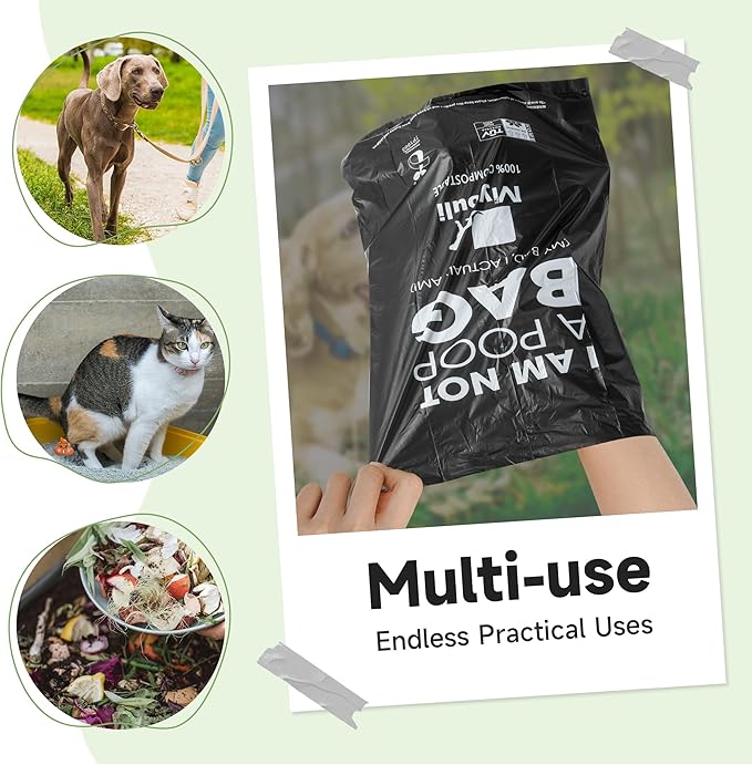 100% Certified Compostable Dog Poop Bag Rolls, 120 Bags (8 Rolls) Eco-Friendly Poop Bags for Dogs, Leak Proof Unscented Easy Open Poop Waste Bag（Black）