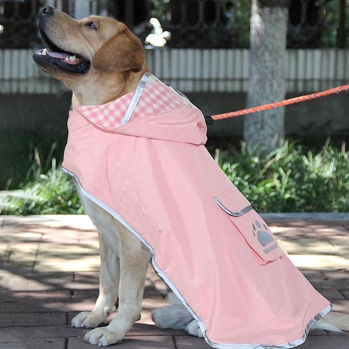 MAMORE Dog Raincoat Reversible,Waterproof Dog Rain Coat Hooded Slicker Poncho with Reflective Strip, Plaid Double Layer Rain Jacket for Small Medium Large Dogs (Pink, Small)
