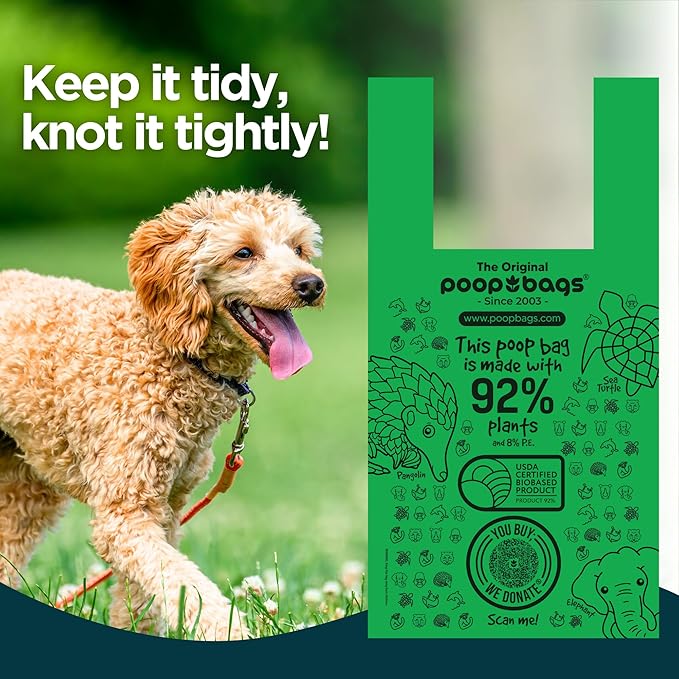 The Original Poop Bags® Tie-Handle Dog Waste Bags, 92% Plant-Based, USDA Certified, Heavy Duty, Large (240 Count (Pack of 2))