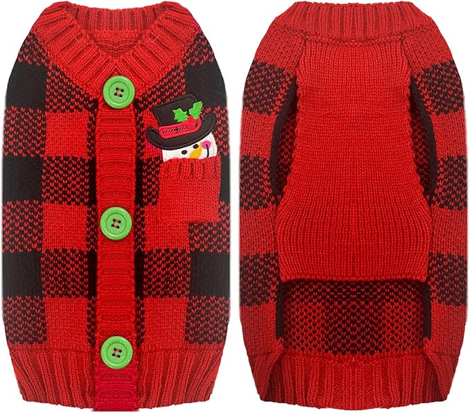 PETCARE Dog Christmas Sweater V-Neck Warm Knitted Puppy Sweaters Vest Cute Red Plaid Snowman Xmas Clothes Outfit for Small Medium Large Dogs Cat Pet Pullover (Decorative Buttons. Can't Untie)