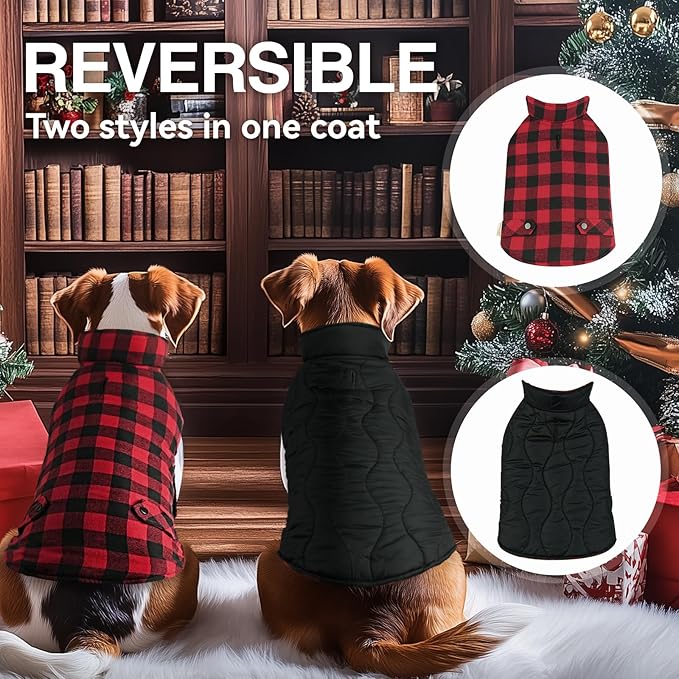 VIVAGLORY Softjoy Dog Coat, Dog Jacket for Winter & Christmas, Coat with Harness Hole & Velcro Closure, Reversible Plaid Checkered Warm Fluffy Heavy Duty for Puppy, XXS, Red Black