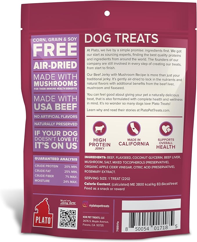 PLATO Pet Treats Jerky Dog Treats - Air-Dried Beef Jerky with Mushroom - Grain Free, High Protein - 16oz