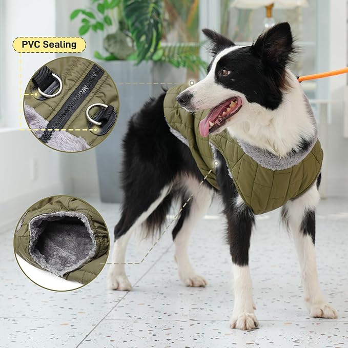 Warm Fleece Dog Coats with Durable Harness Buitl in D-Ring,Waterproof Doggie Jacket for Medium Dogs,Dog Vest for Cold Winter,Green XL