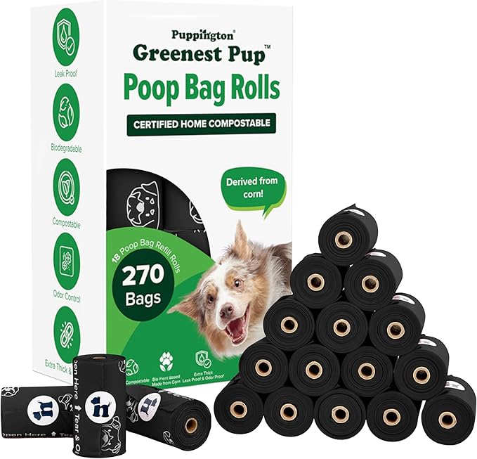Puppington Certified Home Compostable Poop Bags - ASTM D6400 Compliant - 270 Extra Thick Bags - Plant Based - Pairs with Puppington 3-in-1 Bag & Fits all Standard Poop Bag Dispensers (Onyx Black)