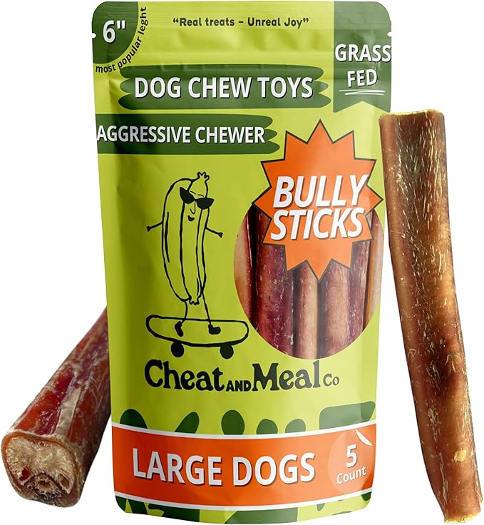 Bully Sticks for Large Dogs, (6 Inch, 5 Count), Dog Chew Toy for Aggressive Chewers Single Ingredient, 100% Beef Pizzle, Grass-Fed, Rawhide-Free, Grain-Free