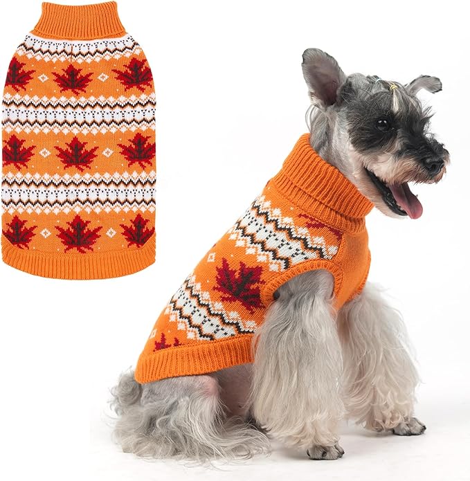 KOOLTAIL Cable Knit Dog Sweater Turtleneck, Cold Weather Pullover Classic Knitwear, Thick Warm Winter Pet Clothes, Fall Maple Leaves Thanksgiving Dog Sweater for Small Medium Large Dogs Cats,Orange SM