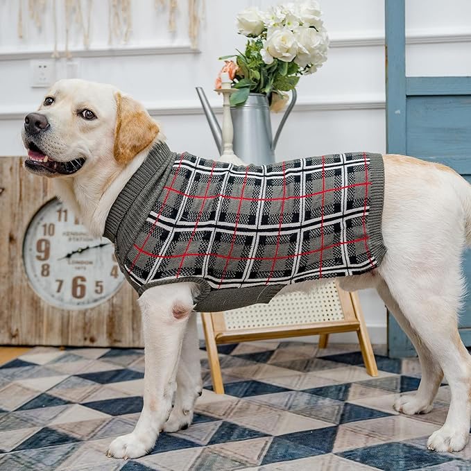 PUPTECK Dog Sweaters for Large Medium Small Dogs - Fall Classic Plaid Style Puppy Holiday Winter Coat Clothes Warm, Grey, M