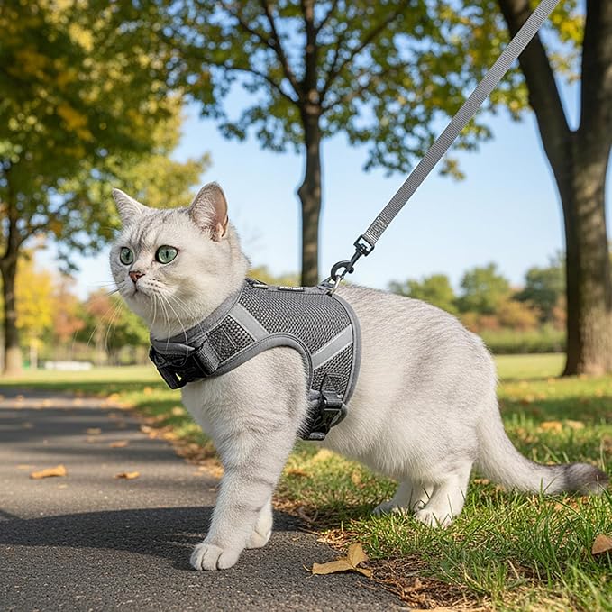 Cat Harness and Leash Escape Proof Kitten Harness Cat Leash for Walking Travel Service Cat Vest, Grey, Large