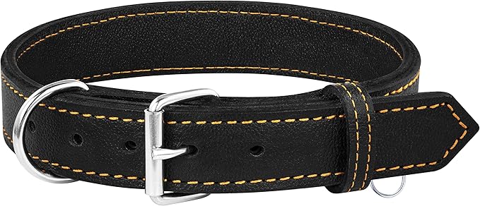 Riparo Dog Collar - Genuine Leather Dog Collars - Heavy Duty Dog Collars for Medium Large and Extra Large Dog Breeds (L: 1.25” Wide for 18” - 22” Neck, Black/Orange Thread)