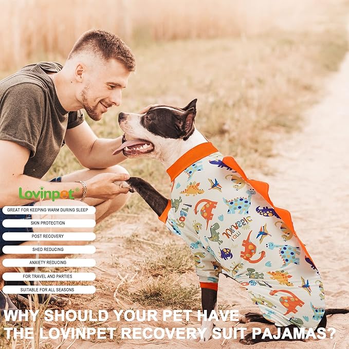 LovinPet Dog Pjs Large Breed, Anti Licking, Recovery Wear, Lightweight Jurassic Knit, UV for Medium Dogs/Medium