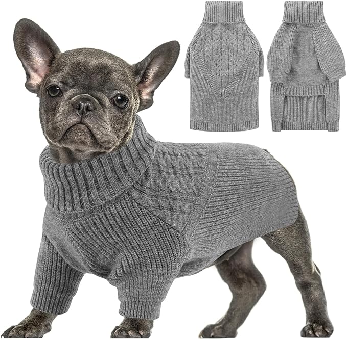 Queenmore Dog Sweaters for Medium Dogs,Soft Dog Sweater - Heavy Knitting Turtleneck Solid Pullover with Sleeve - Warm Winter Pet Coat for Casual Occasions/Christmas/Festive - Grey,M