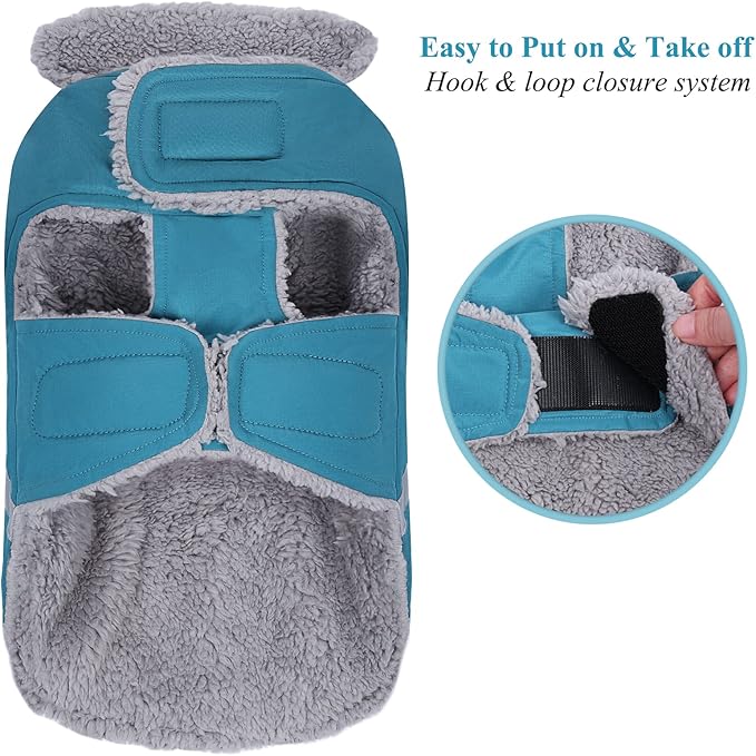 VIVAGLORY Frostfit Dog Coat, Dog Jacket for Winter & Cold Weather, Warm Fluffy Fleece Lined Water Resistant Reflective for Puppy, Coat with Velcro Fastening & Leash Hole, S, Turquoise