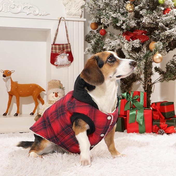 Fleece Lining Dog Hoodie for Large Dogs Extra Warm Plaid Sweater with Drawstring Hooded Coats in Winter Doggie Jacket,Red XXXL
