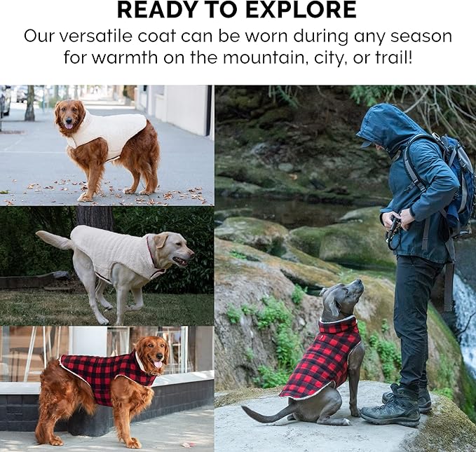 Furhaven Reversible Large Dog Coat, Washable & Insulating w/ Leash Access - Sherpa & Plaid Fleece Flex-Fit Jacket - Cream/Red, Large