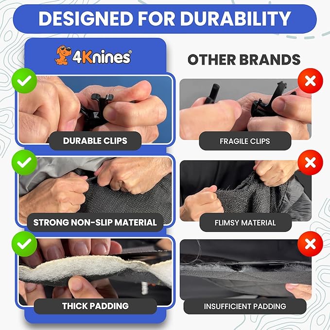 4Knines Dog Backseat Cover with Hammock for Cars, SUVs, and Trucks – Waterproof Layers, Nonslip Seat Protector, Durable Nylon Clips, K9 Shield with Heavy Duty Thread, (Regular, Black)