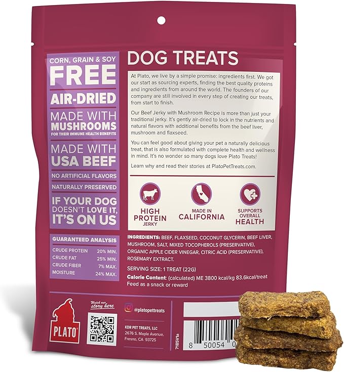 PLATO Pet Treats Jerky Dog Treats - Air-Dried Beef Jerky with Mushroom - Grain Free, High Protein - 16oz