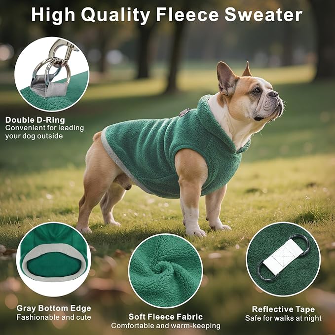 Idepet 2 Pack Dog Fleece Vest Sweater Warm Pullover Jacket with D-Ring Leash Reflective Winter Coat Hoodie for French Bulldog Pug Chihuahuas Yorkies Dachshunds(Dark Green&Grass Green,X-Small)