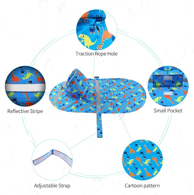 NACOCO Large Dog Raincoat Adjustable - Pet Dinosaurs Water Proof Clothes Lightweight Rain Jacket Poncho Hoodies with Strip Reflective Blue (L, Blue Dinosaur)