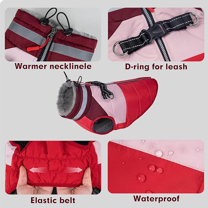 azuza Dog Coats for Large Dogs Waterproof Dog Coat with Reflective Strips and Harness Built in Warm Fleece Dogs Winter Coat Windproof with Back Zipper, Red 3XL