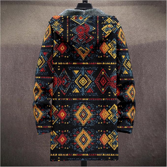 Mens Aztec Print Hoodie Heavyweight Cotton Fleece Jacket Zip Up Warm Long Sleeve Hooded Winter Midi Coat