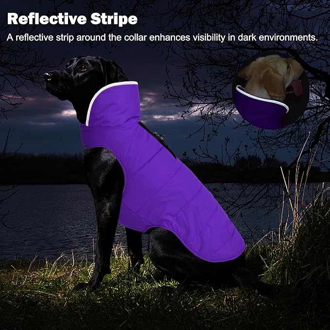 Dog Winter Coat, Waterproof Dog Jacket with Leash Hole, Reflective Adjustable Pet Snow Vest, Warm Fleece Sweater for Small Medium Large Dogs - Purple, XL