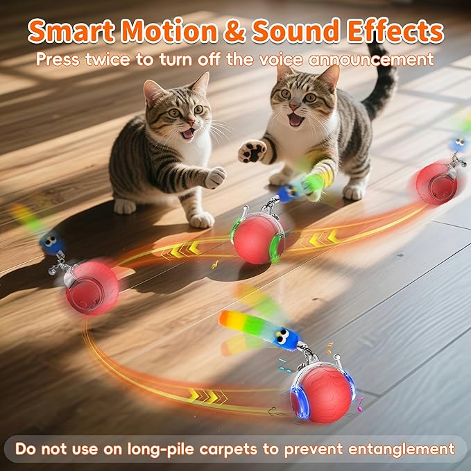 UPSKY Interactive Cat Toy Ball for Indoor Cats, Automatic Moving Electric Rolling Cat Ball Toy, 3-Speed Modes Smart Kitten Toys with Sounds, USB Rechargeable & Sturdy for Bored Kittens/Adult Cats