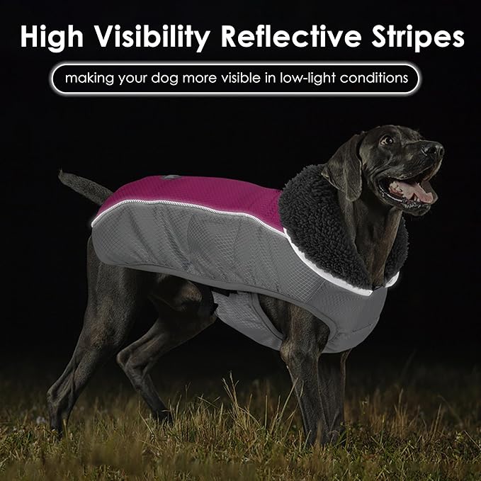Dog Coat, Waterproof Ripstop Dog Winter Jacket with Leash Hole, Reflective Adjustable Warm Pet Fleece Snow Sweater for Small Medium Large Dogs - Rosy Red, 3XL