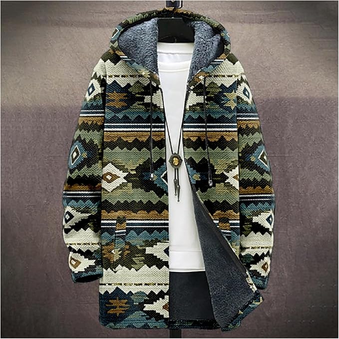Mens Aztec Print Hoodie Heavyweight Cotton Fleece Jacket Zip Up Warm Long Sleeve Hooded Winter Midi Coat
