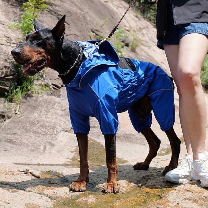 LOVELONGLONG Waterproof Dog Raincoat with Removable Hood – Outdoor Full Body Dog Jacket, Windproof Snowproof Shell Suit – All Season Pet Rain Gear Blue S