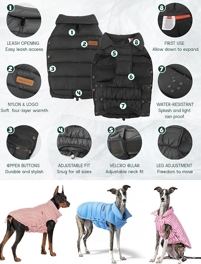 SPACE LION Dog Puffer Jacket, Down Winter Coat, Durable Outdoor Coat for Cold and Windy Conditions, Waterproof, Lightweight Jacket, Adjustable Fit for Small, Medium, Large Dogs(Black,16/XL)
