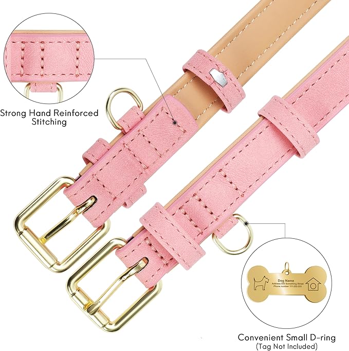 Leather Dog Collar for Large Dogs, Soft Padded Dog Leather Collar with Heavy Duty Gold Buckle, Durable & Comfortable, Pink, L
