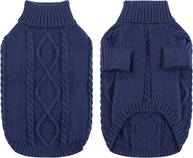 Queenmore Small Dog Pullover Sweater, Cold Weather Cable Knitwear, Classic Turtleneck Thick Warm Clothes for Chihuahua, Bulldog, Dachshund, Pug (Dark Navy, Large)