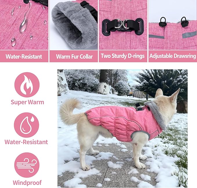 Malier Dog Coat, Reflective Dog Jacket Waterproof Windproof Puppy Cold Weather Coats with Harness Built in, Winter Extra Warm Pet Coat Fleece Vest for Small Large Pets and Puppy (Pink, X-Small)