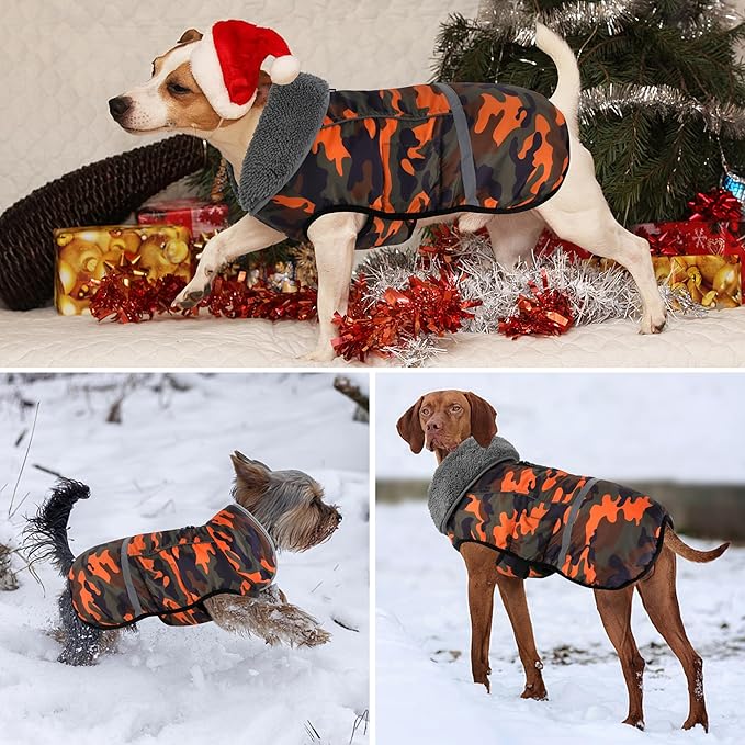 Dogcheer Warm Dog Coat, Waterproof Dog Jacket Christmas Puppy Winter Coat with Buckle, Reflective Adjustable Pet Snow Jacket Turtleneck Fleece Sweater for Small Medium Large Dogs - Orange Camo, 2XL