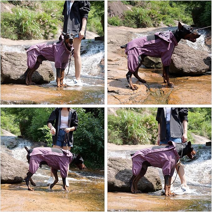 LOVELONGLONG Waterproof Dog Raincoat with Removable Hood – Outdoor Full Body Dog Jacket, Windproof Snowproof Shell Suit – All Season Pet Rain Gear Plum Purple 3XL