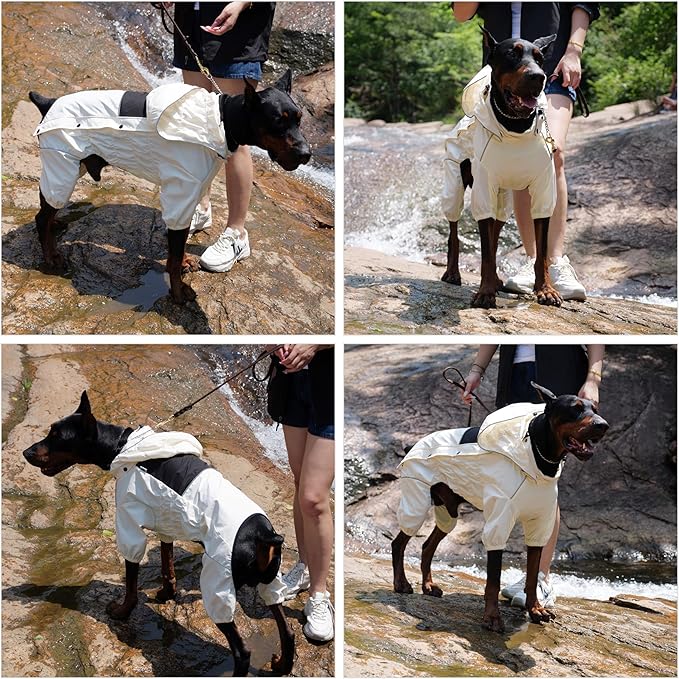 LOVELONGLONG Waterproof Dog Raincoat with Removable Hood – Outdoor Full Body Dog Jacket, Windproof Snowproof Shell Suit – All Season Pet Rain Gear Ivory S+