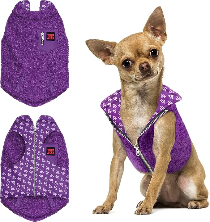 Tuff Pupper Reversible Fleece Sweater Vest for Dogs | Lightweight Comfortable Insulated Jacket | Front Zip Closure | Machine Washable | Built-in Leash Hole | Sizes for All Breeds (Small, Purple)