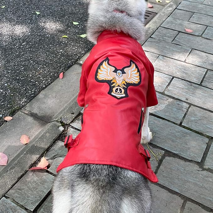 Lovelonglong Cool Dog Leather Jacket, Warm Coats Dogs Windproof Cold Weather Coats for Large Medium Small Dogs with Eagle Embroidery Red L-S