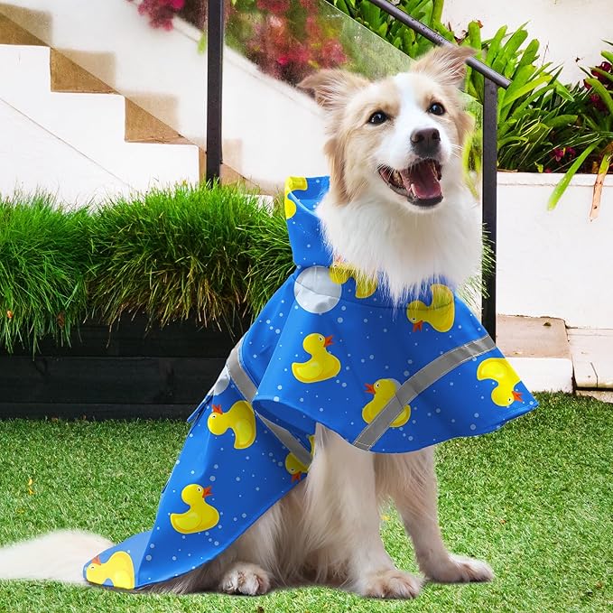 NACOCO Large Dog Raincoat Adjustable-Pet Rubber Ducks Yellow Water Proof Clothes Lightweight Rain Jacket Poncho Hoodies with Strip Reflective Blue (Blue L, Yellow Duck)