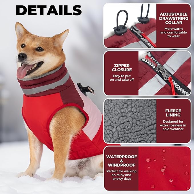 Dog Winter Coat, Reflective Dog Coats for Large Dogs, Waterproof Windproof Pet Clothes Jacket with Harness Built in, Warm Cold Weather Coats, Dogs Snowsuit Vest, Red XX-Large