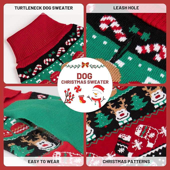 cyeollo Dog Christmas Sweater, Dog Winter Clothes for Small Dogs Turtleneck Warm Puppy Sweater with Leash Hole Soft Xmas Sweaters Female & Male Appeal, M
