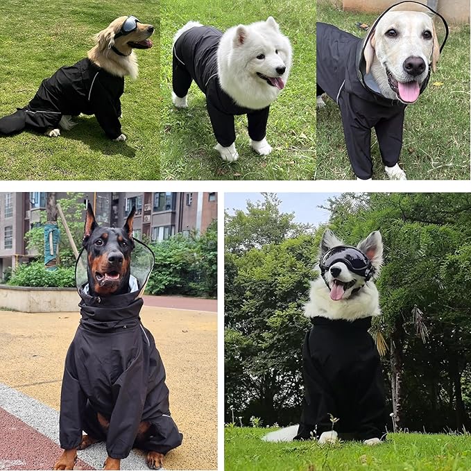Dog Raincoat for Medium Large Dogs,rain Jacket Coat, Full Leg Coverage Waterproof Rain Suit with Detachable Hood & Tail, Reflective Strips, Snag-Free Top Zipper (Black for Girl, XXX-Large)