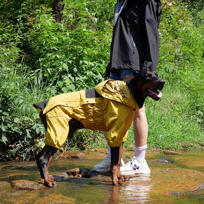 LOVELONGLONG Waterproof Dog Raincoat with Removable Hood – Outdoor Full Body Dog Jacket, Windproof Snowproof Shell Suit – All Season Pet Rain Gear Mustard Yellow M