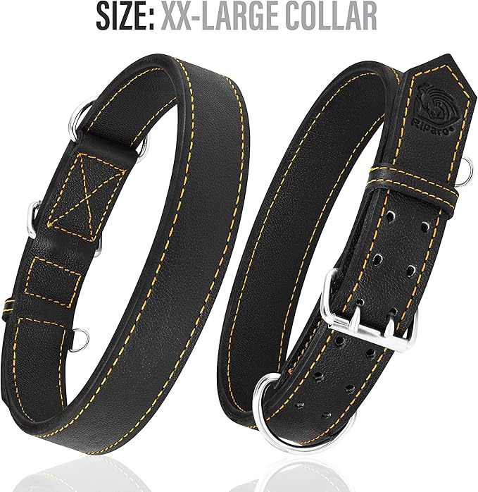 Riparo Dog Collar - Genuine Leather Dog Collars - Heavy Duty Dog Collar for Medium Large and Extra Large Dog Breeds (XXL: 1.75” Wide for 26” - 31” Neck, Black/Orange Thread)
