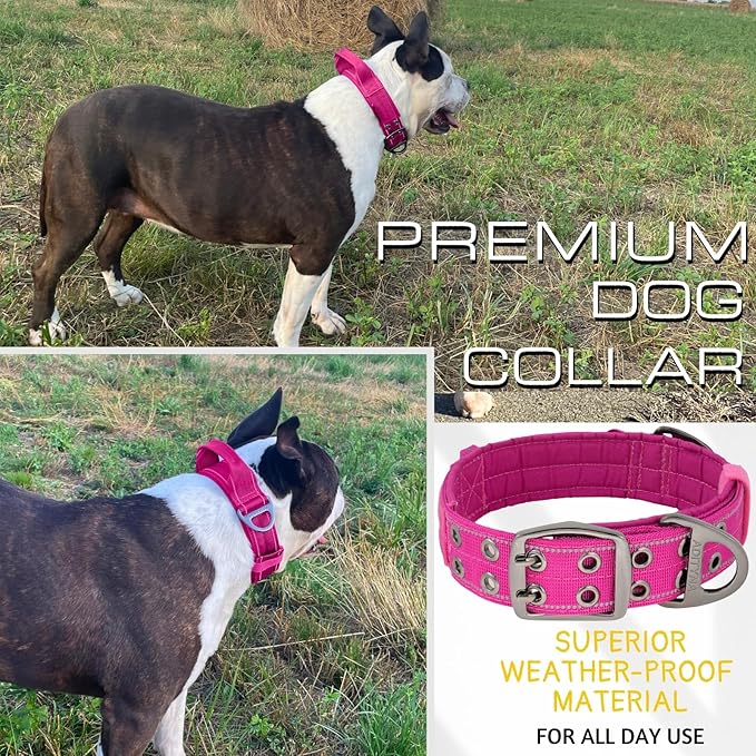 ADITYNA Heavy Duty Dog Collar for Large Dogs - Reflective Magenta Collar with Handle for Training, and Walking - Wide, Thick, Tactical, Soft Neoprene Padded