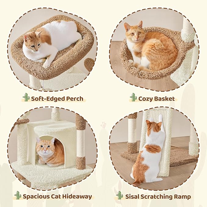 Yaheetech Cactus Cat Tree, 42in Cat Tower for Indoor Cats, Multi Level Kitten Condo Scratching Post, Pet Activity Center Furniture w/Ball, Plush Perch, Platform, Basket, Beige/Brown