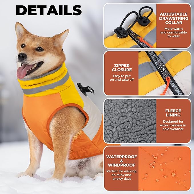 Dog Winter Coat, Reflective Dog Coats for Large Dogs, Waterproof Windproof Pet Clothes Jacket with Harness Built in, Warm Cold Weather Coats, Dogs Snowsuit Vest, Orange XX-Large