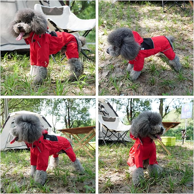 LOVELONGLONG Waterproof Dog Raincoat with Removable Hood – Outdoor Full Body Dog Jacket, Windproof Snowproof Shell Suit – All Season Pet Rain Gear Red L